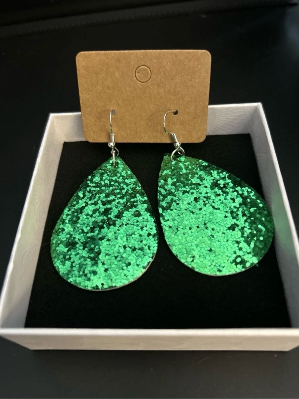 Plunder Design Holiday Christmas Green Glitter Drop Dangle Earrings